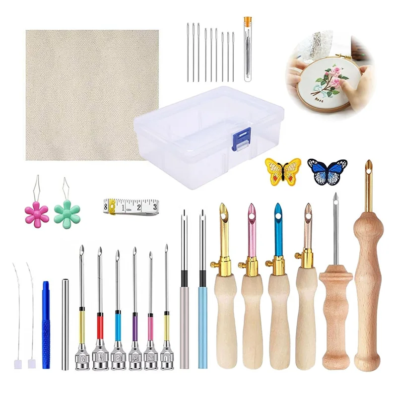 A82X-35 Pcs Punch Needle Kit, Punch Needle Tool Adjustable Embroidery Kits,Sewing Art Tool For Beginners