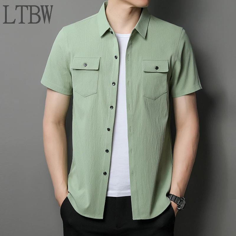 Men's Breathable Slim Top Short Sleeve Pockets Shirts For Men Casual Solid Color Clothes Male Work T-shirts For Summer