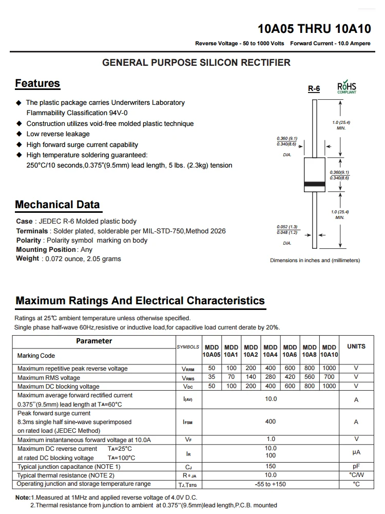 R-6 정류기 다이오드, 10A20, 6A, 10A, 20A, 30A, 1000V, 2000V, 100 개