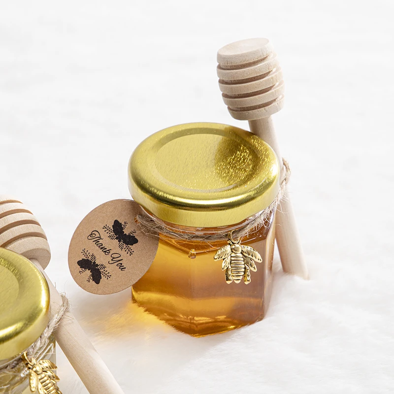 Mini Hexagonal Glass Honey Jars-Small Honey Jars-With Gold Lids For Baby Shower, Wedding And Party Favors