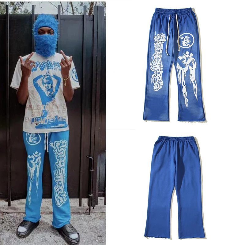 

Y2k New Hellstar Blue Retro Mud Print Distressed Sports Casual Pants High Street Men's And Women's Bell-Bottoms