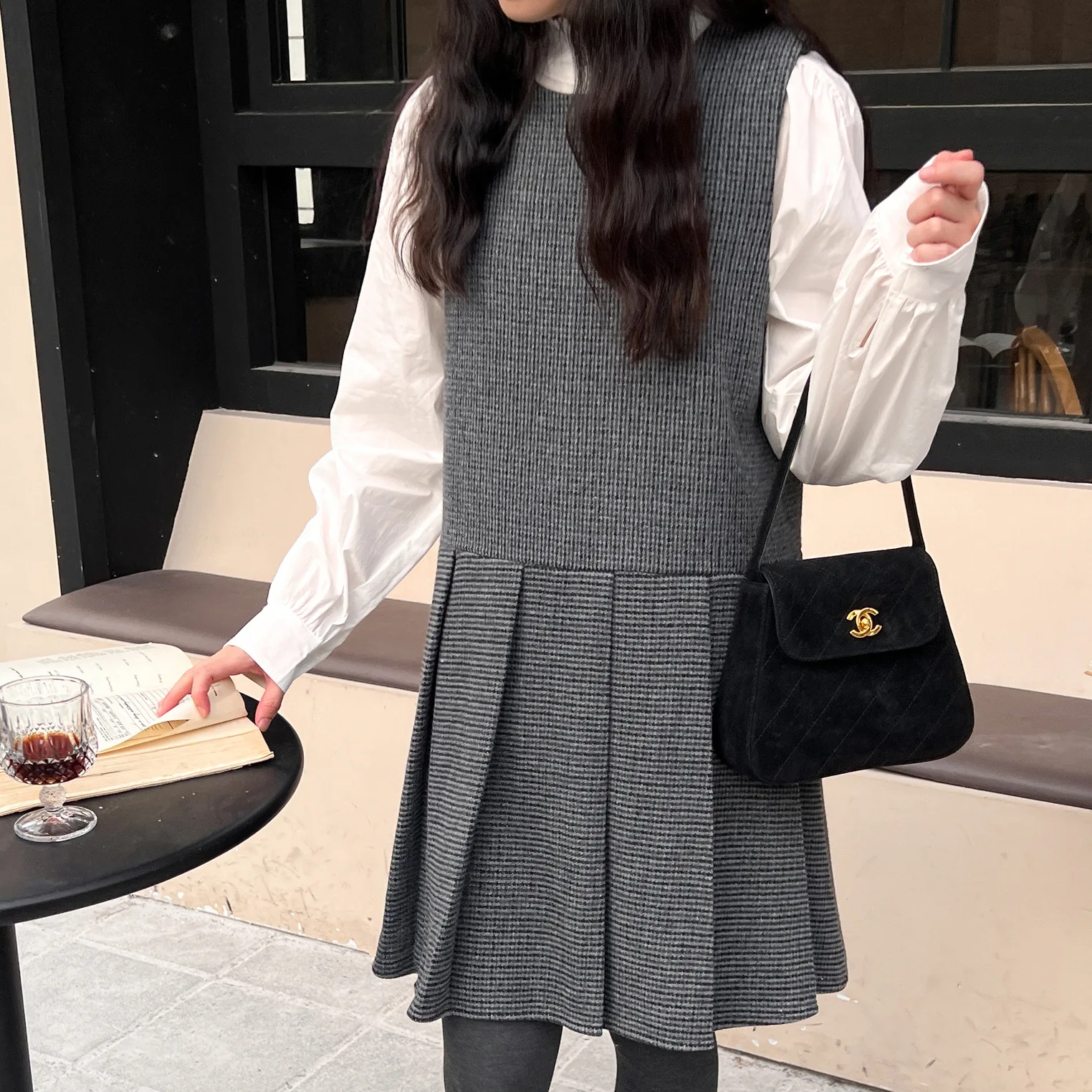

Gingham Vintage Academic Style School Girl Pleated Ruffled Dress Winter Thick Grey Classic