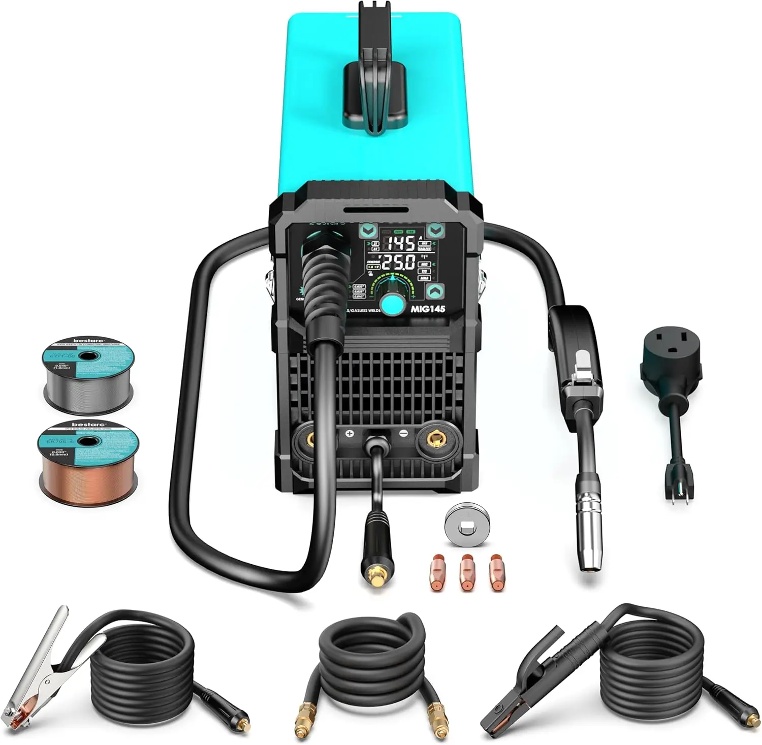 MIG Welder, 110V/220V Dual Voltage Gas/Gasless Flux Core MIG Welder/Lift TIG/Stick 3 in 1 Synergic MIG145 9GEN Welding Mach 6