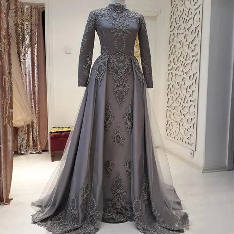 Muslim Dark Gray Lace Evening Dresses 2023 High Neck Islamic Long Sleeves Dubai Arabic Formal Women Party Prom Gowns Wedding