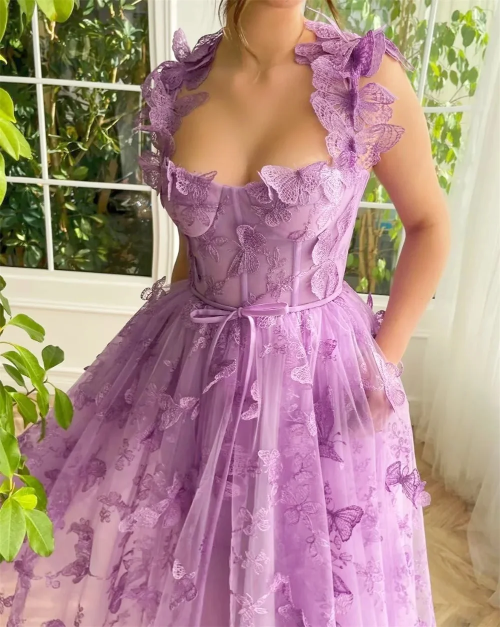 Cathy Purple Prom Dresses Lace Embroidery Tulle فساتين السهرة Elegant Sleeveless 3D Butterfly Floor-Length vestidos verano moda