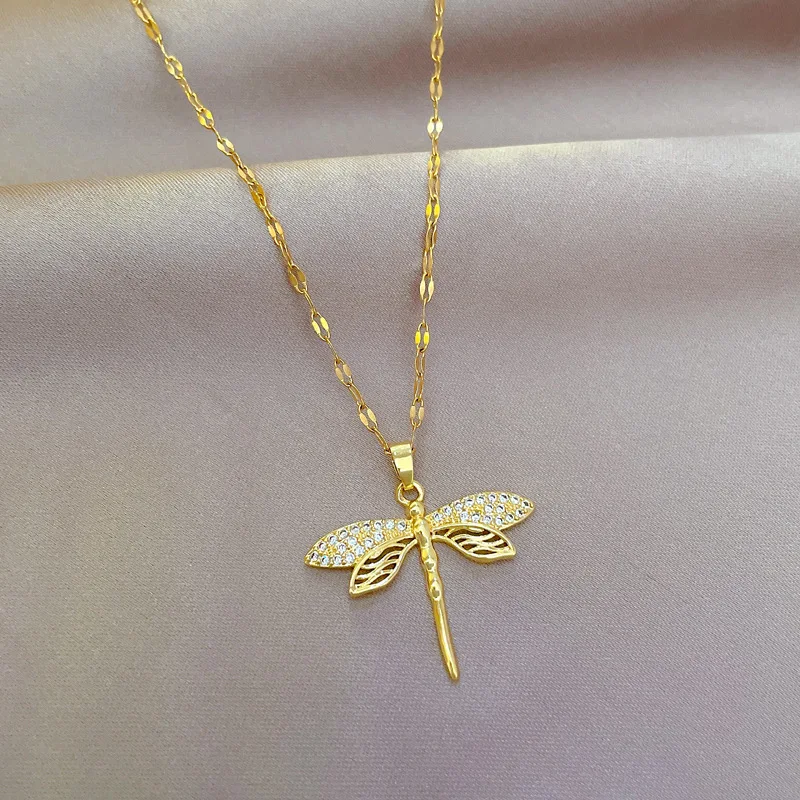 DIEYURO 316L Stainless Steel Personality Dragonfly Pendant Necklace For Women Fashion Girls Collarbone Chain Party Jewelry Gifts_voghion.com