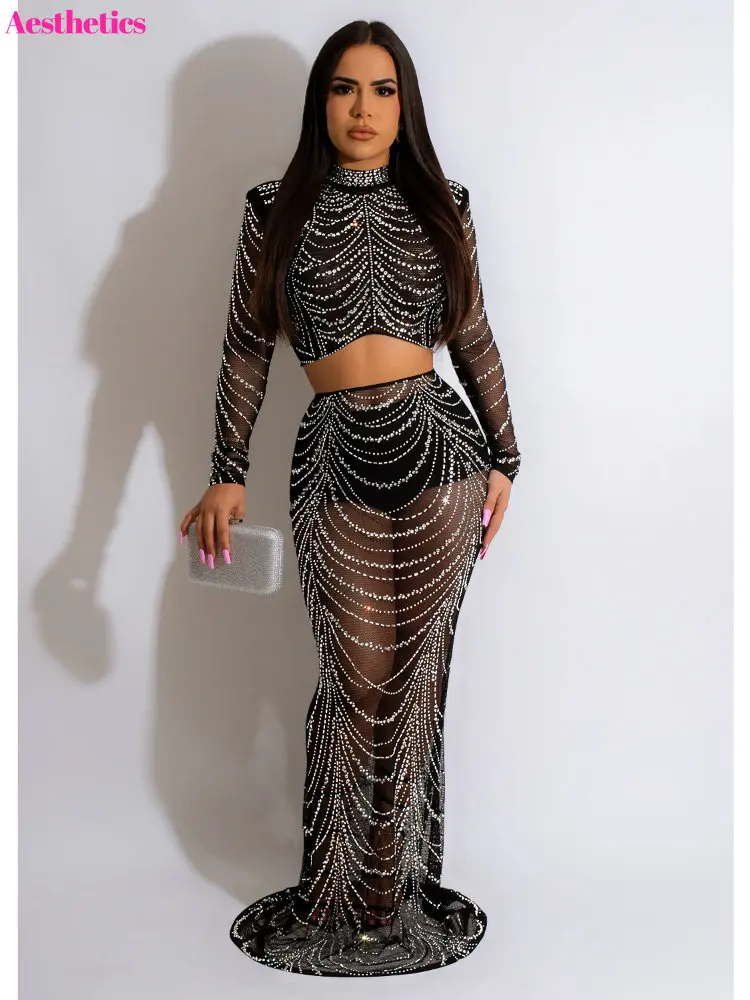 Two-Piece Set with Embellished Long Sleeve Top and Mini Skirt - Black main image 1