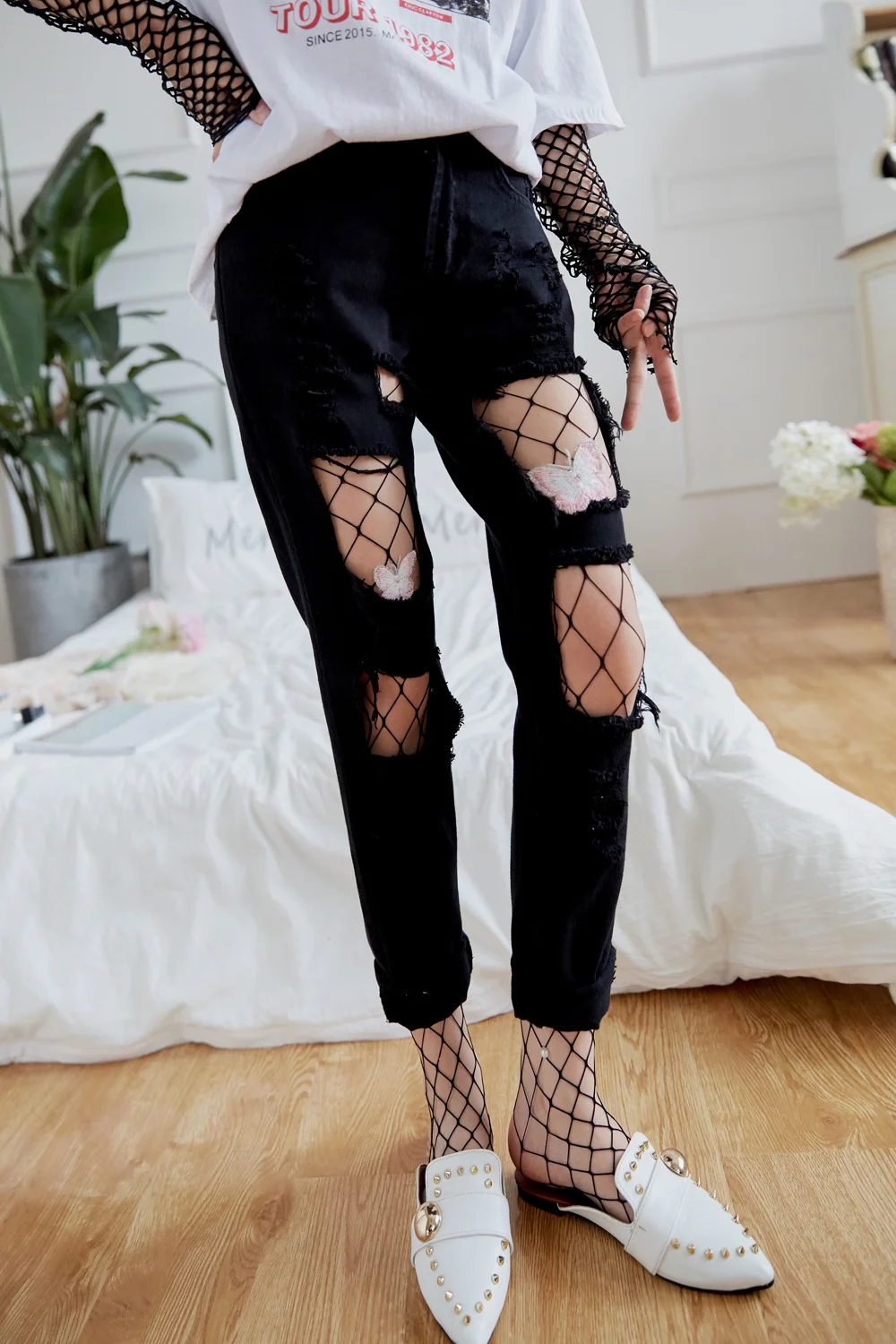 Gestickte Hot Drill Mesh-Strümpfe, Fischernetzstrümpfe, rosa Schmetterling, großes Mesh, mittlere und kleine Mesh-Bodenhöschen – Detail 15