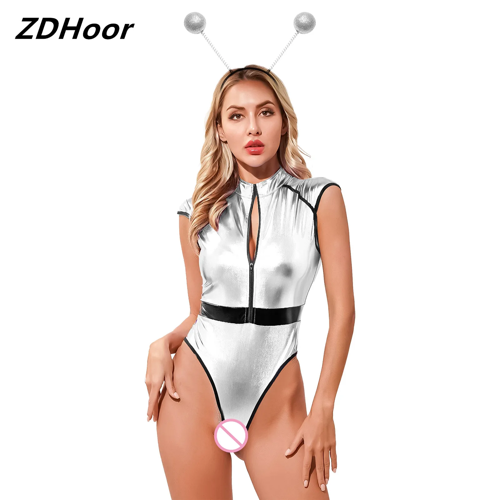 

Womens Halloween Alien Role Play Outfits Zipper Front Bodysuit Cap Sleeve High Cut Patent Leather Catsuit with Hair Hoop