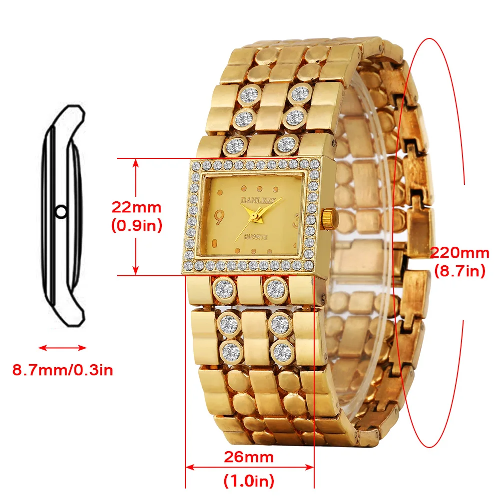 Luxury Gold Women Watch Diamonds Rectangular Quartz Wristwatch Earrings Necklace Bracelet Gift Set for Women Reloj De Mujer