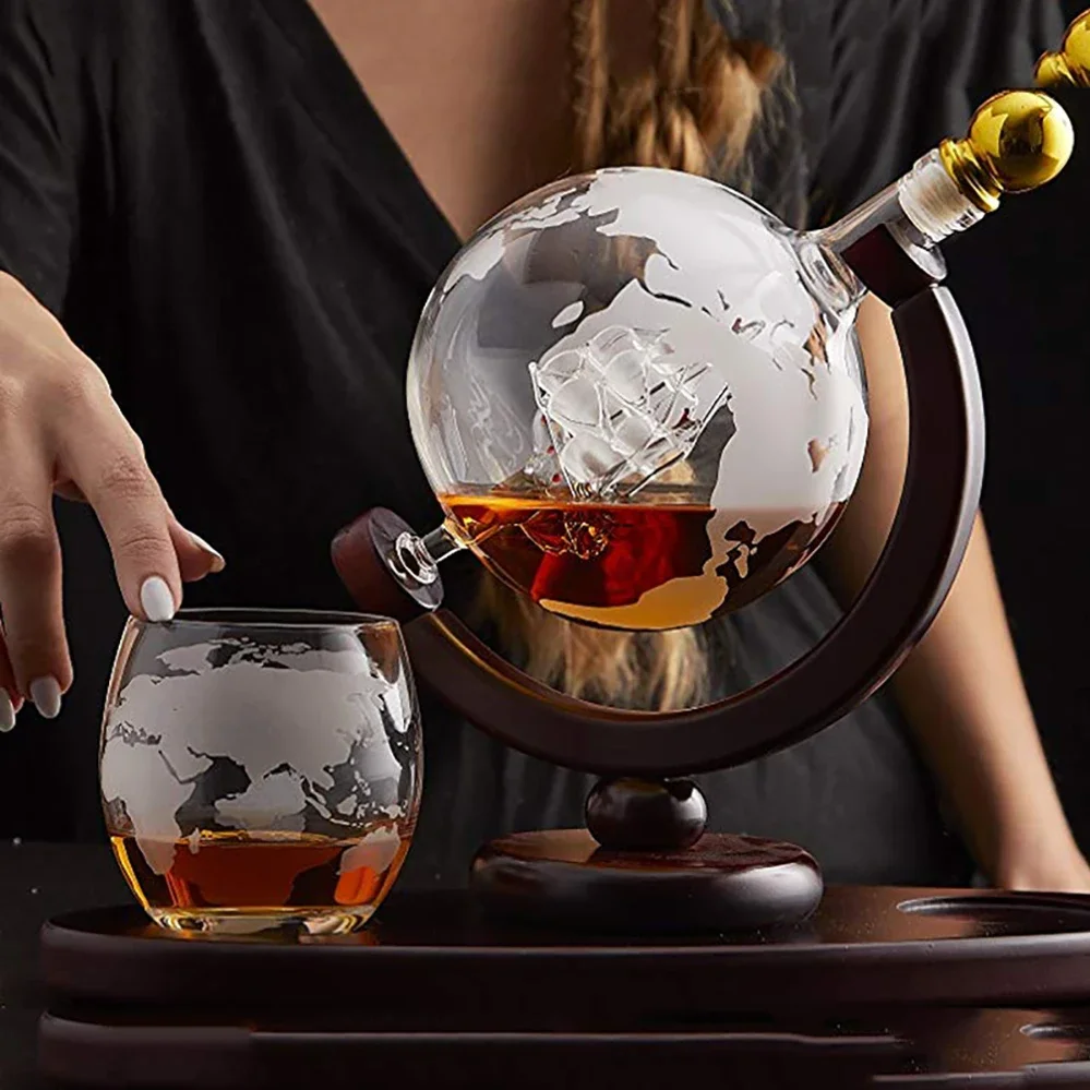 Whiskey Decanter Set Crystal Glass Wine Glass Creative Globe Wine Bottle World Map Pattern Indoor Office Decoration