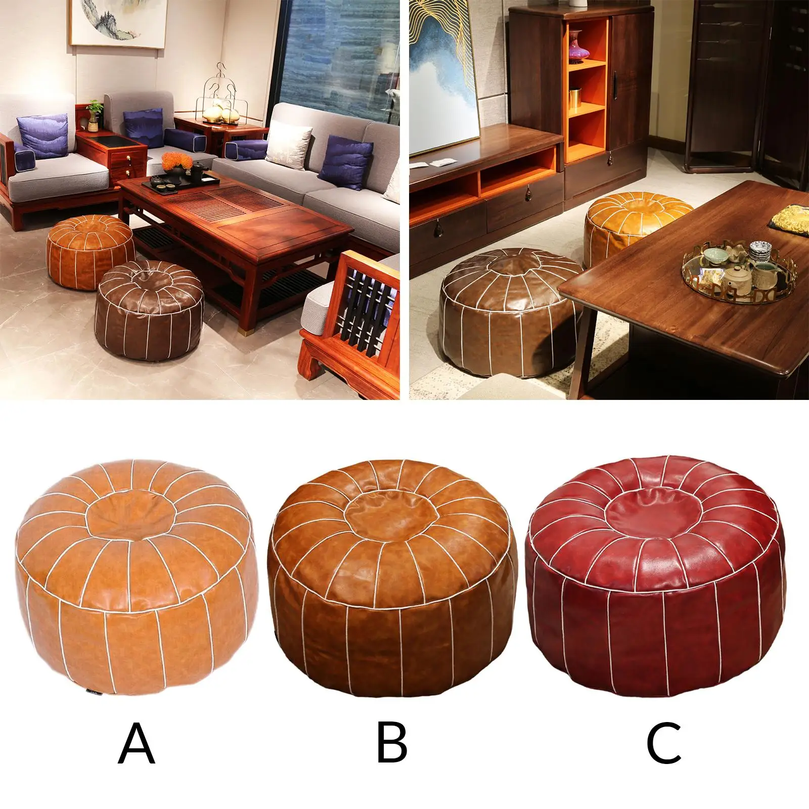 Pouf Cover PU Leather Footstool Ottoman Pouf Unstuffed Round Floor Cushion Footrest Cover for Living Room, Bedroom