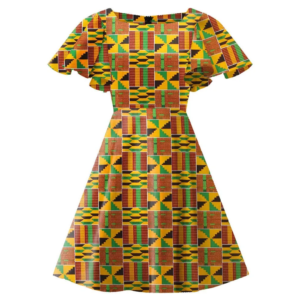 African Dress For Women Kente Print Dress Wax Print Summer O-Neck Short Sleeve Fashion African Printing Women Clothes