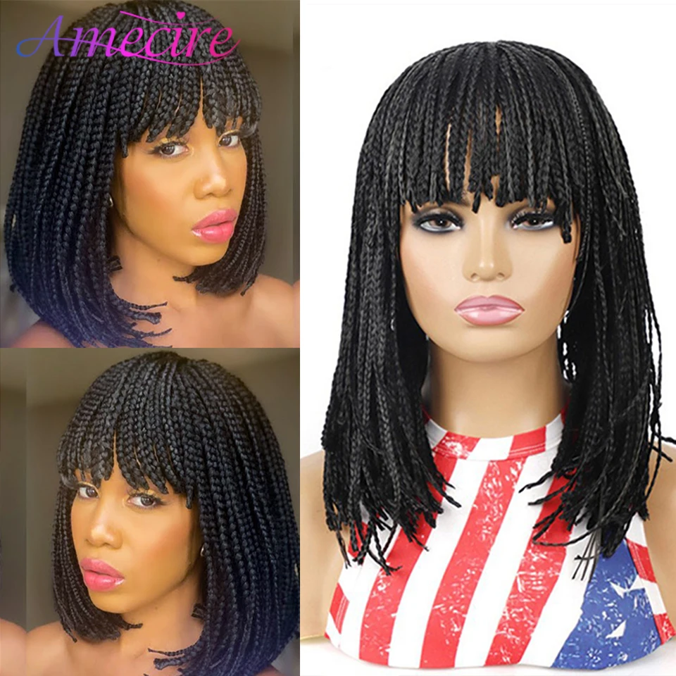 

Short Bob Wig With Bang Synthetic Hair African Ombre Box Braided Wigs For Black Women Full Machine Made Heat Resistant