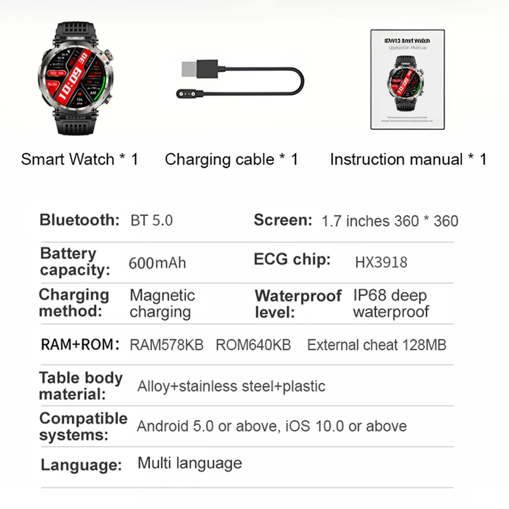 GPS ECG+PPG Men's Outdoor Sports Smart Watch 600 mAh Battery Flashlight Waterproof Watch New Health Bluetooth Call Smartwatch