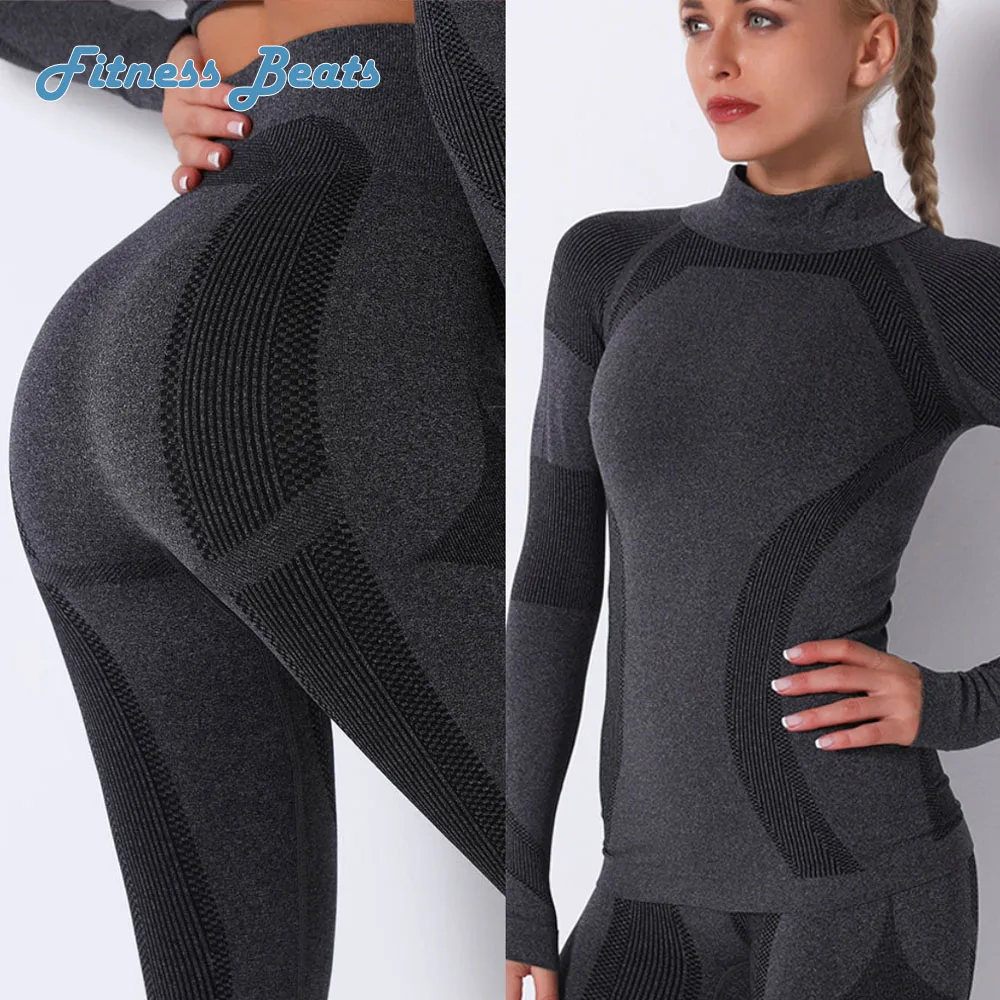 

Gym Yoga Wear Fitness Seamless Knitted Breathable Quick Dry Moisture Wicking Elasticity Shockproof Ladies Long sleeved And Pants