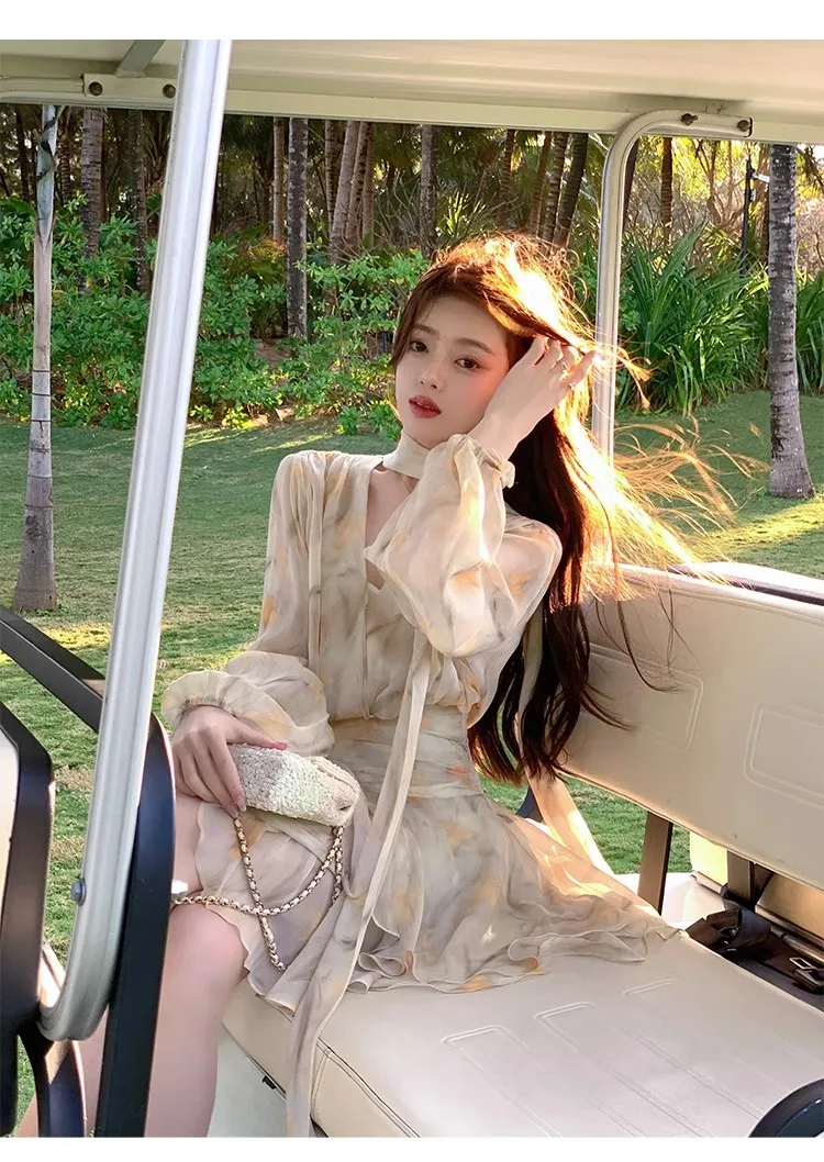 Elegant Chiffon Short Dresses for Women V-neck Lantern Sleeves Ruffles A-line Summer New Holiday Style Printed Vestidos Mujer