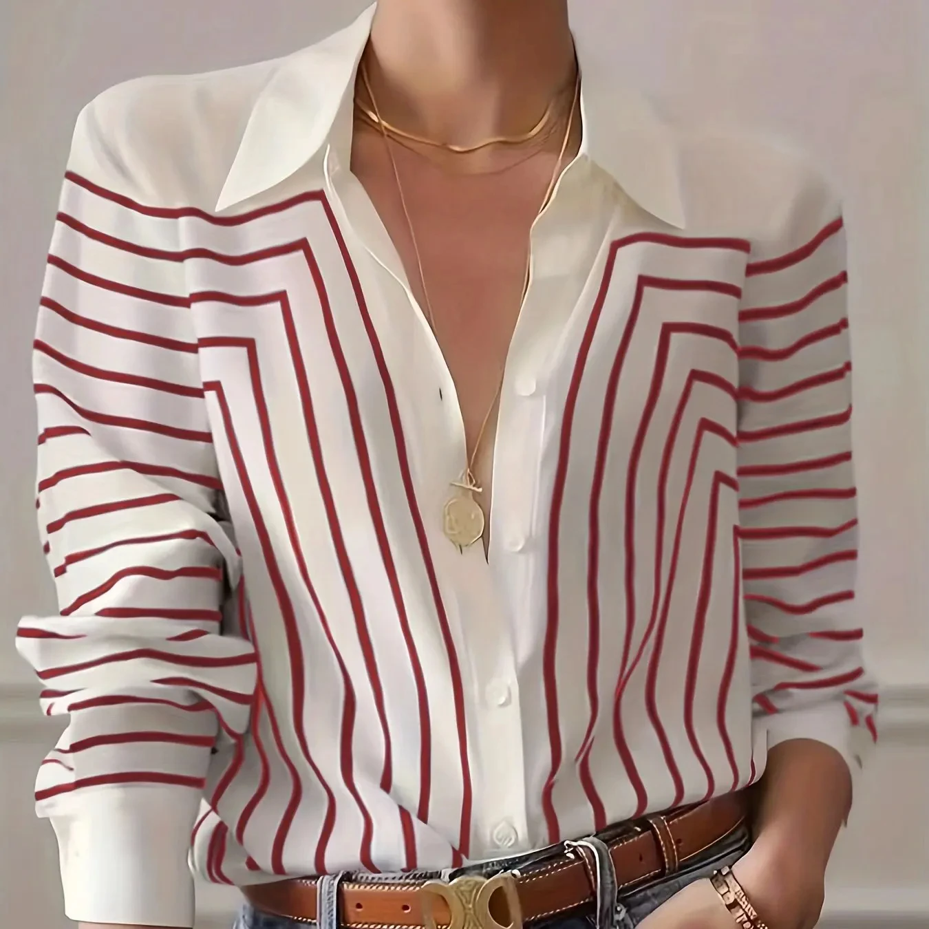 Summer 2024 New Women's Casual Personalized Shirt Elegant Black and White Lines 3D Printing Large Size Slim Long Sleeve