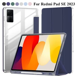 Hybrid Slim Tablet Case Cover with Built - in Pencil Holder and Clear Transparent Shell for Redmi Pad SE (TMYKL - Navy Blue)