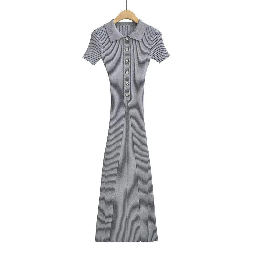 Ribbed High Waist Slim Maxi Dress For Women Knitwear Lapel Casual Elegant Party Dress Gown Fashion Short Sleeve Knit Dress