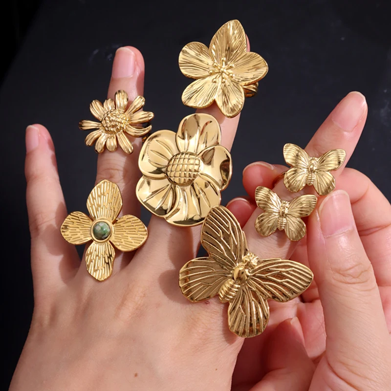 

HangZhi Chunky Large Gold Color Sun Flower Rings for Women Geometric Stainless Steel Vintage Wide Wedding Jewelry 2023 New Trend