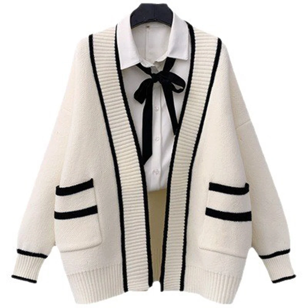 Women Striped Knitted Sweater Autumn Winter Lantern Sleeve