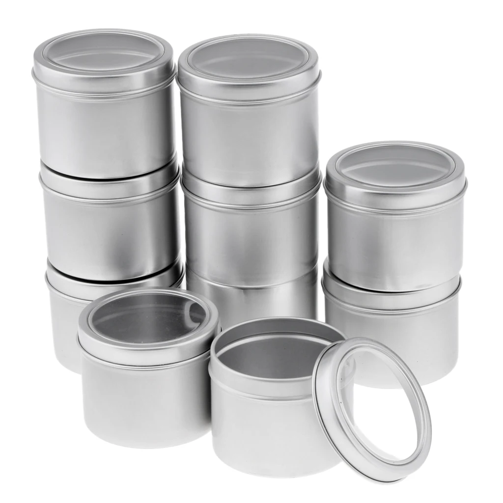 

10pcs 100G Refillable Silver Round Empty Aluminum Metal Tin Mini Jar Container with Clear Lid for Candle, Beauty