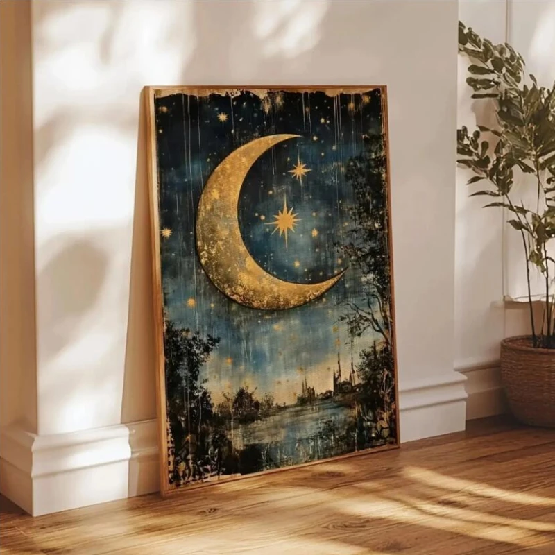 Crescent Moon in Starry Night Sky Folk Art Floral Moon Stars Poster ...
