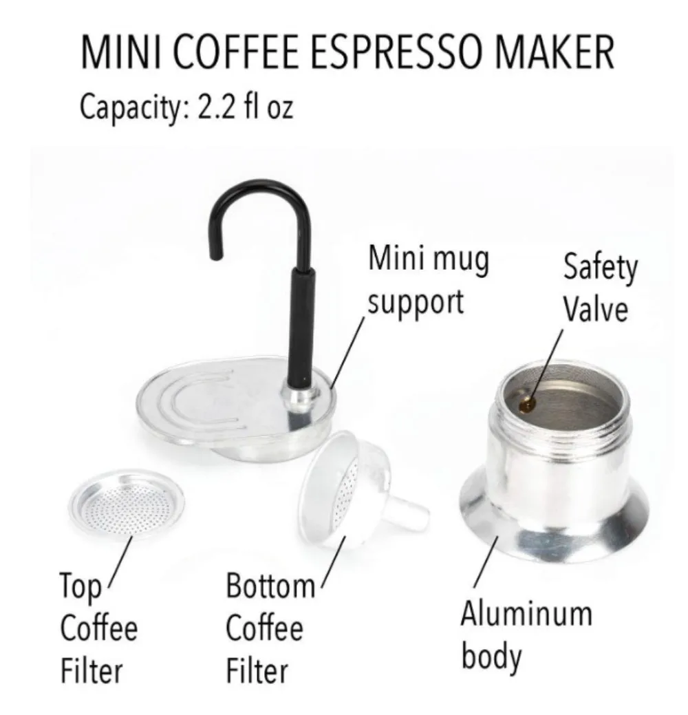 Description Picture 5 of item50ML Aluminum Single Tube Moka Pot 1 Cup Coffee Pot Stovetop Italian Coffee Machine Espresso Utensils Kitchen Coffeeware Barista