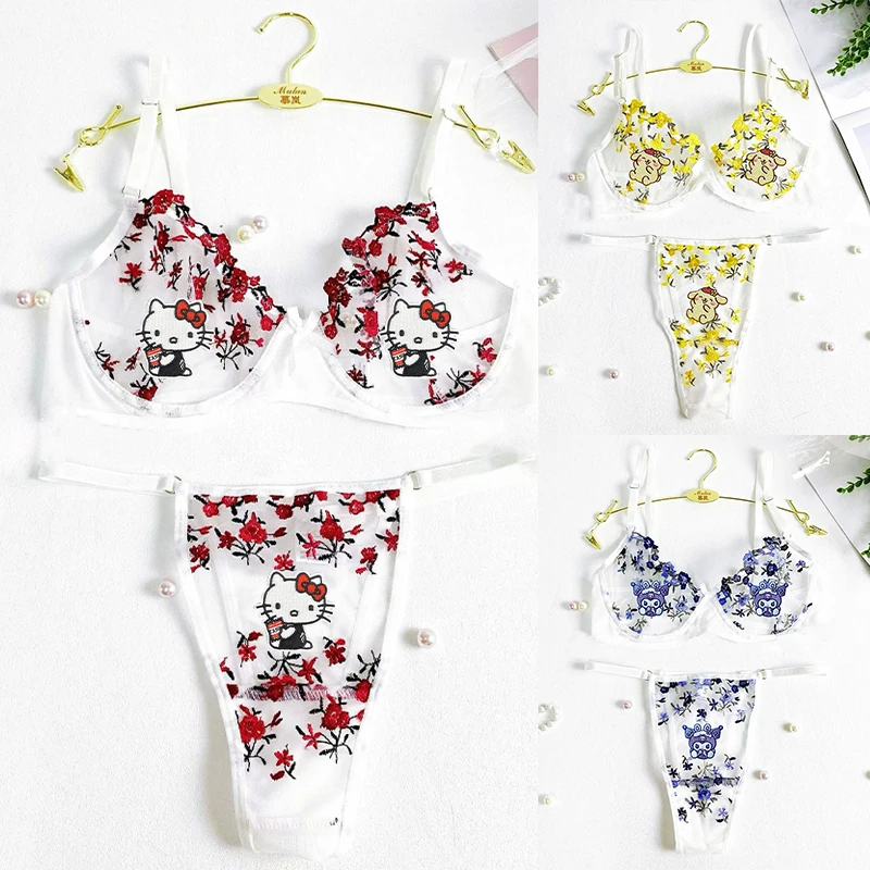 

Kawaii Hello Kitty Anime Women Underwear Suit European American Cartoon Lace Embroidery Fragmented Flower Heavy Industry Fun Set