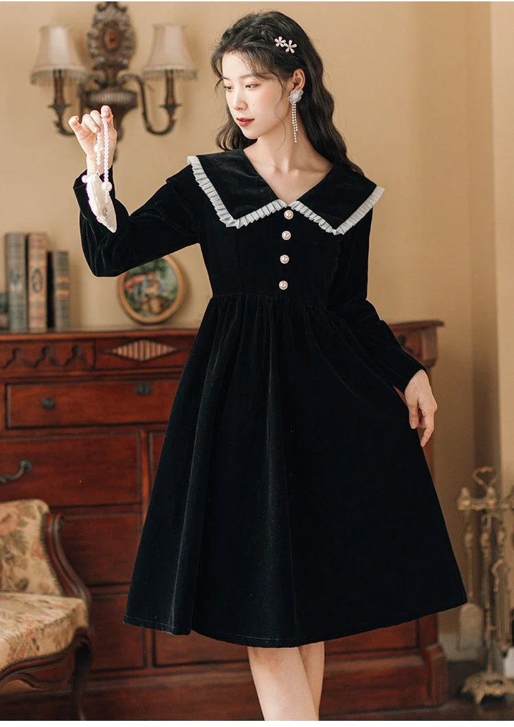 Jielur 2022 Frauen Party Kleider Koreanische Vintage Samt Schwarz Langarm Robe Elegante Kleidung Japanische Peter Pan Kragen Kleid – Detail 3