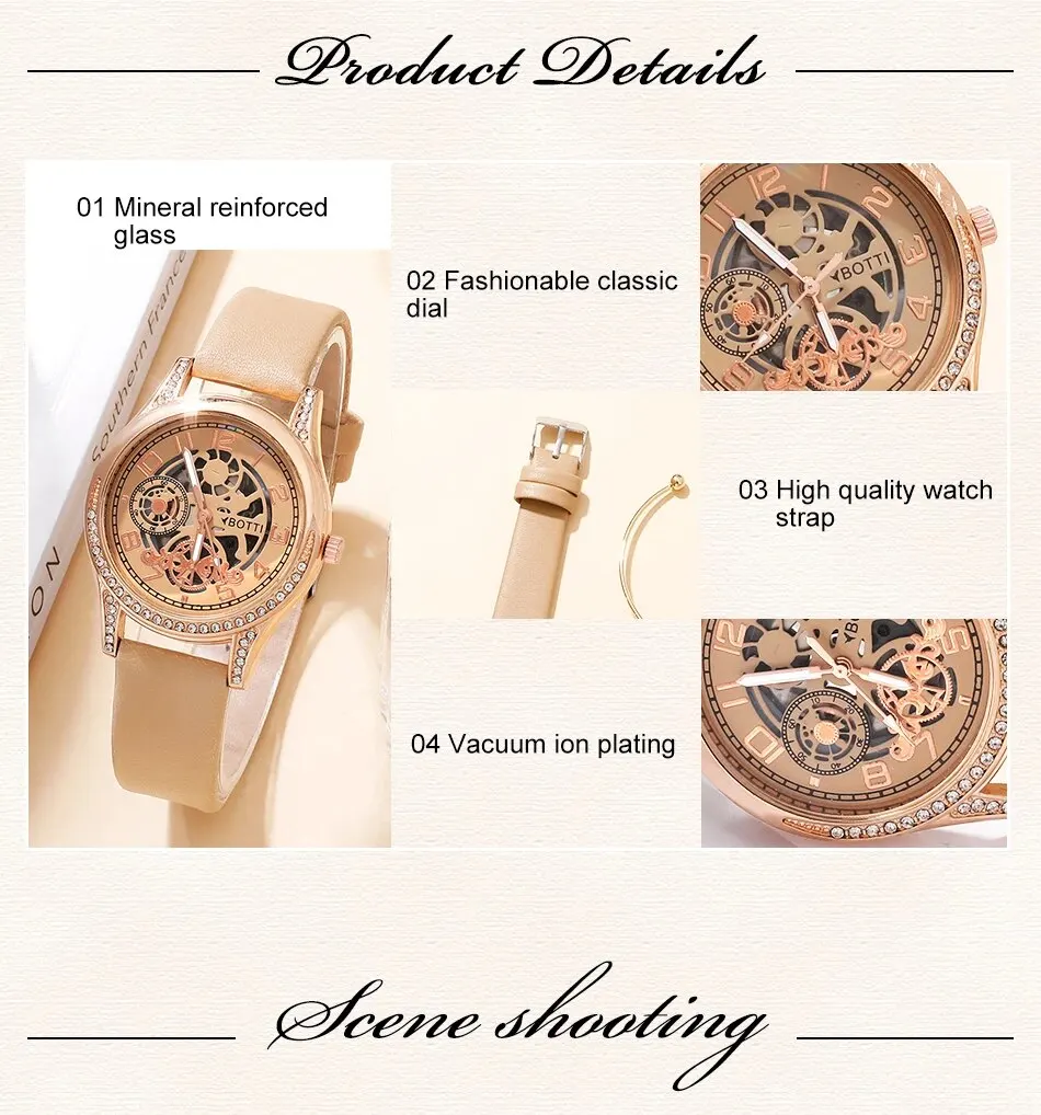 S4364237fd09345d18f9791fd2e7c1fd5F Women's Fashion Watch Casual Khaki Leather Belt Watches Ladies Rhinestone Quartz Wristwatches Bracelet Set Clock Montre Femme Mallzona