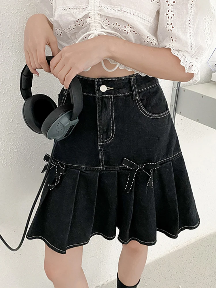 maxi skirt Denim Skirt A-Line Skirt Female Summer New Design Bow High Waist Thin Pleated Skirt Hot Girl Short Skirt black midi skirt