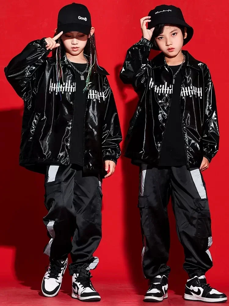 

Новая танцевальная одежда в стиле K-POP для детей, уличная одежда, кожаная куртка, черные штаны в стиле хип-хоп, костюм для джазовых представлений для мальчиков и девочек BL9413