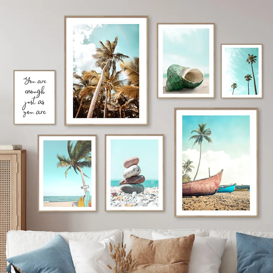 

Tropical Beach Coconut Tree Surfboard Boat Pebbles Poster Nordic Wall Art Print Canvas Painting Pictures For Living Room Decor