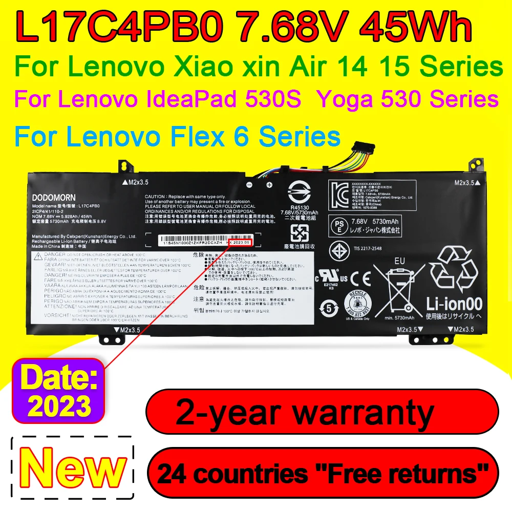 Bateria do Portátil para Lenovo ar de Xiaoxin 14arr 15arr Ideapad 530s 14ikb 15ikb Ioga 530 Flex L17m4pb0 L17c4pb2 7.68v 45wh