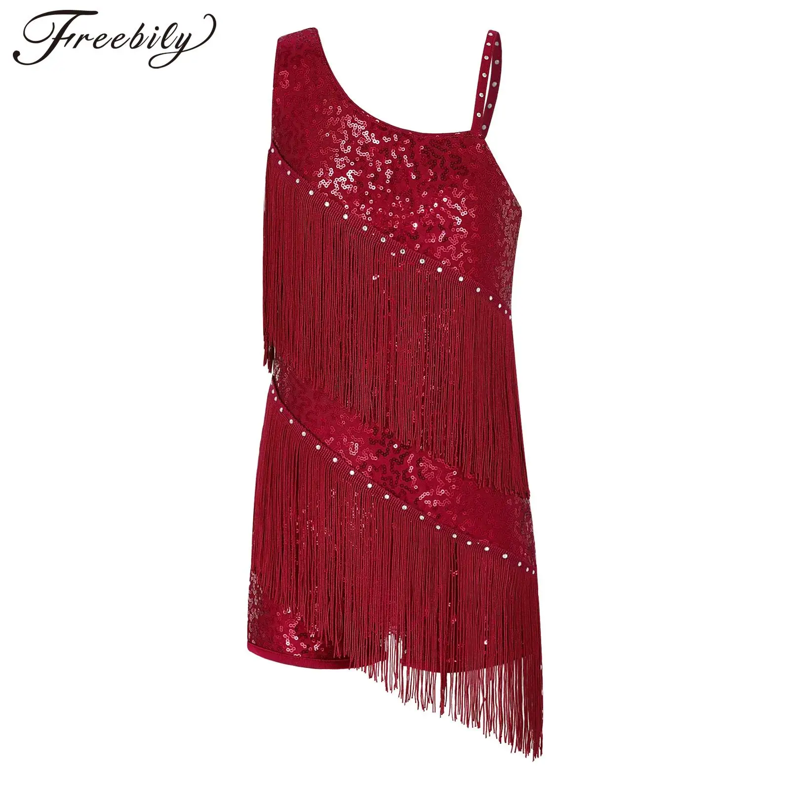 

Kids Girls Tassels Latin Dance Leotards Dress Shiny Sequins Fringed Sleeveless Costume for Rumba Dancing Chacha Tango Dancewear