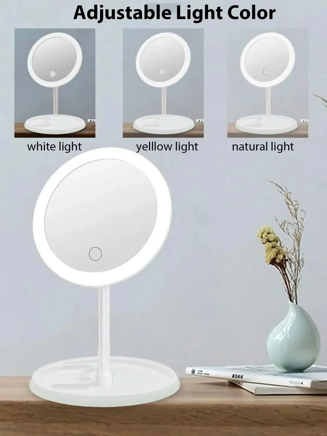 조명이 있는 메이크업 거울, USB 충전식 화이트 핑크 LED 일광 화장 거울, 3 가지 조명 모드, 분리형 보관대 거울