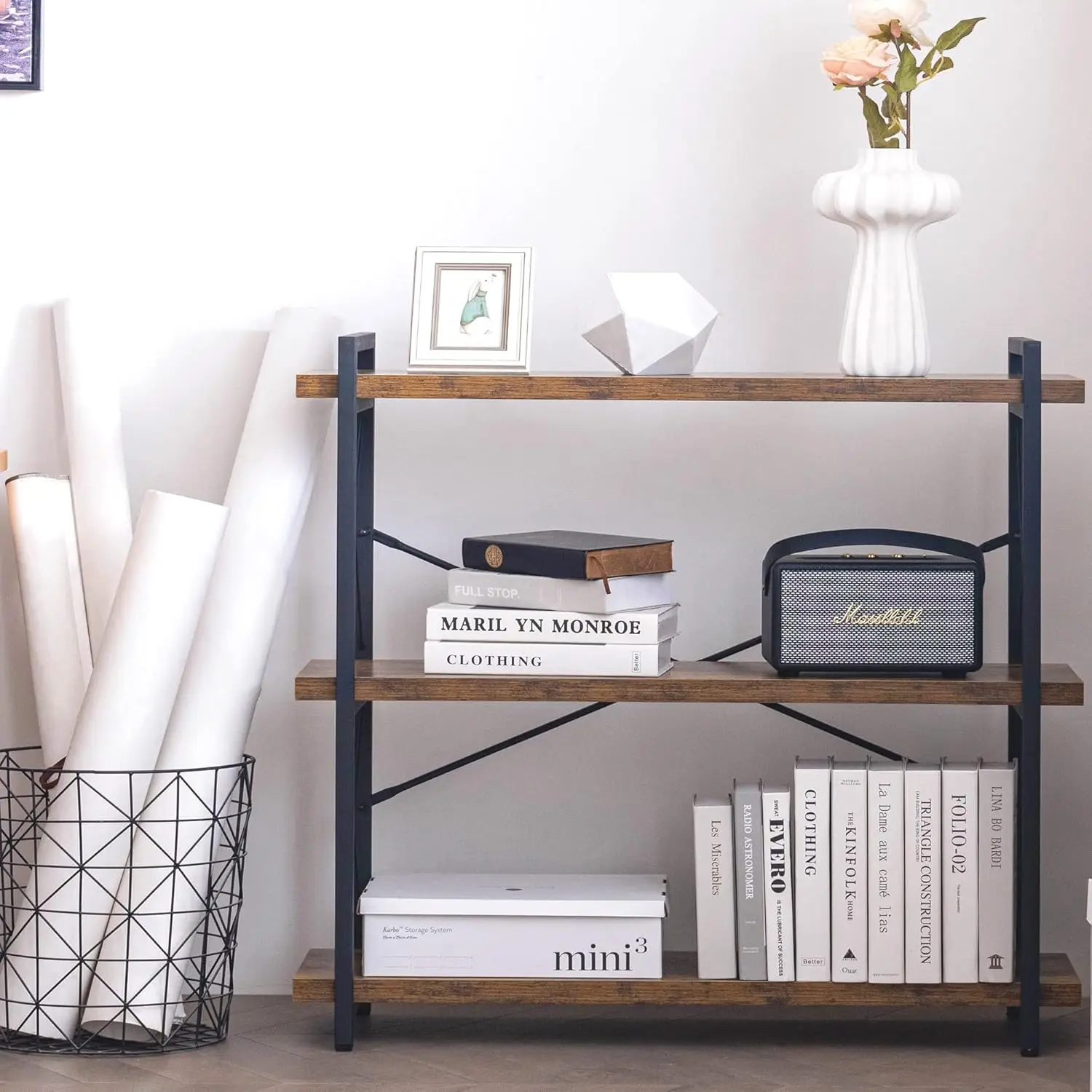 Bookshelf, 3-Tier Industrial Bookcase, Rustic Open Book Shelf, Wood and Metal Horizontal Bookshelves 4