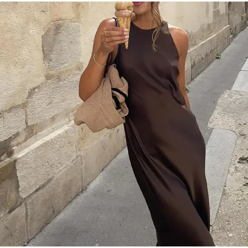 Casual Round Neck Sleeveless Satin Fit Midi Dress