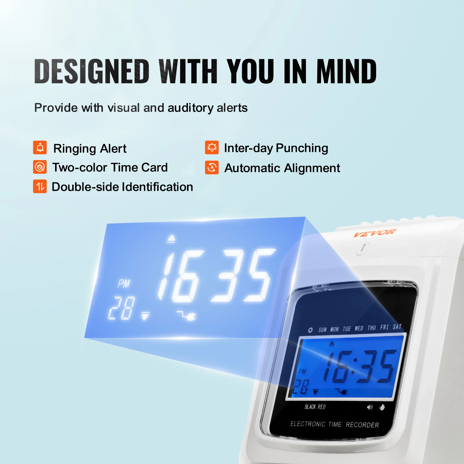 VEVOR Punch Time Clock Employees 6 Punches/Day 102 Cards 1 Ink Ribbon 2 Security Keys Attendance Machine