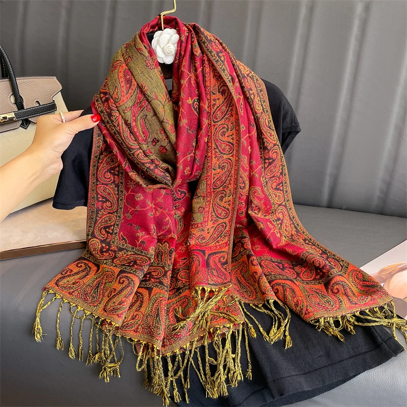 Bufanda elegante con estampado de flores para mujer, chal grueso de imitación de cachemira con borlas, resistente al frío y cálido para otoño e invierno, protección para el cuello