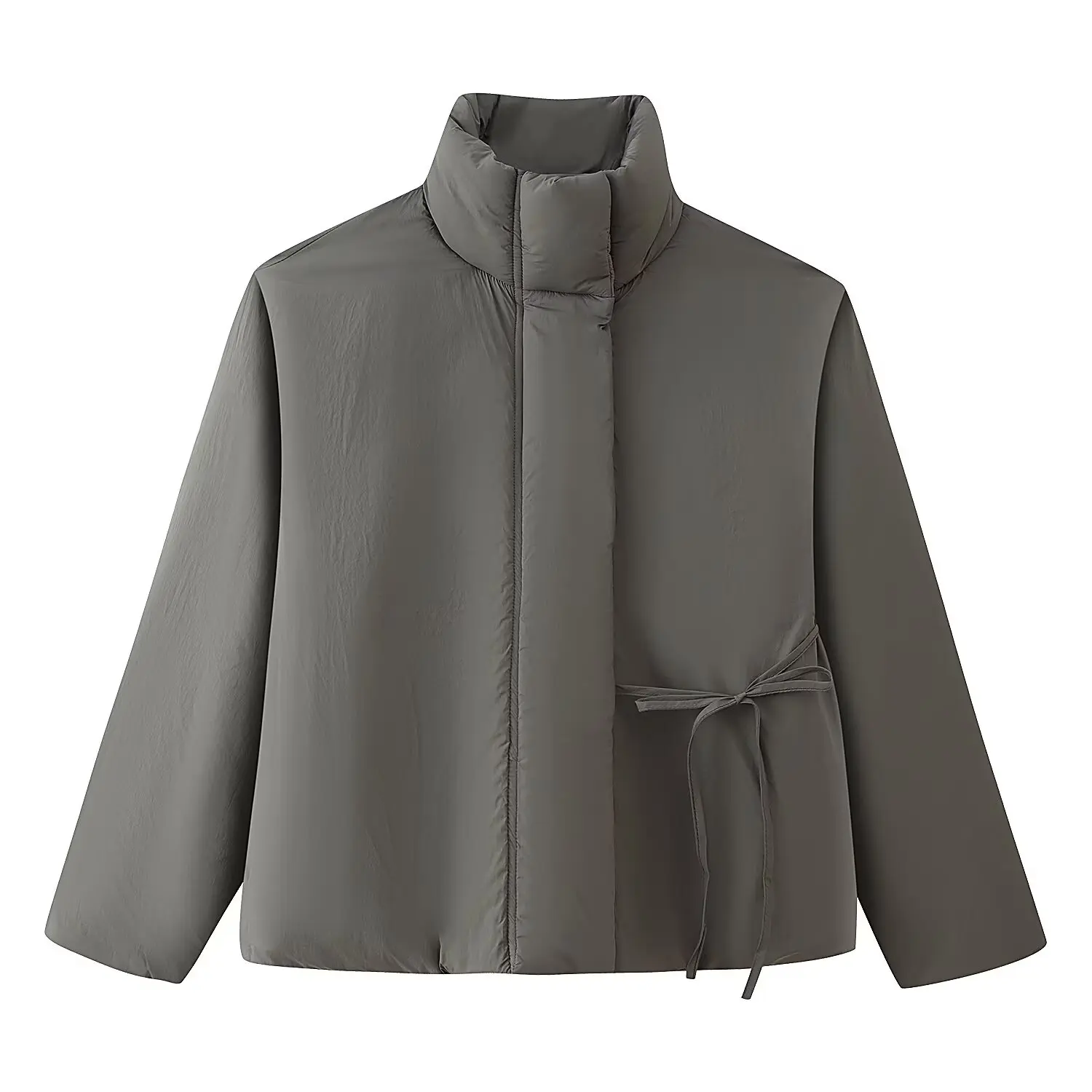 HH Damen Loser Einreihiger Mantel mit Reißverschluss, Einfarbig, Lange Ärmel, Taschen, Winter-Stehkragen, Schnürung, Warm Gefüttert – Detail 5