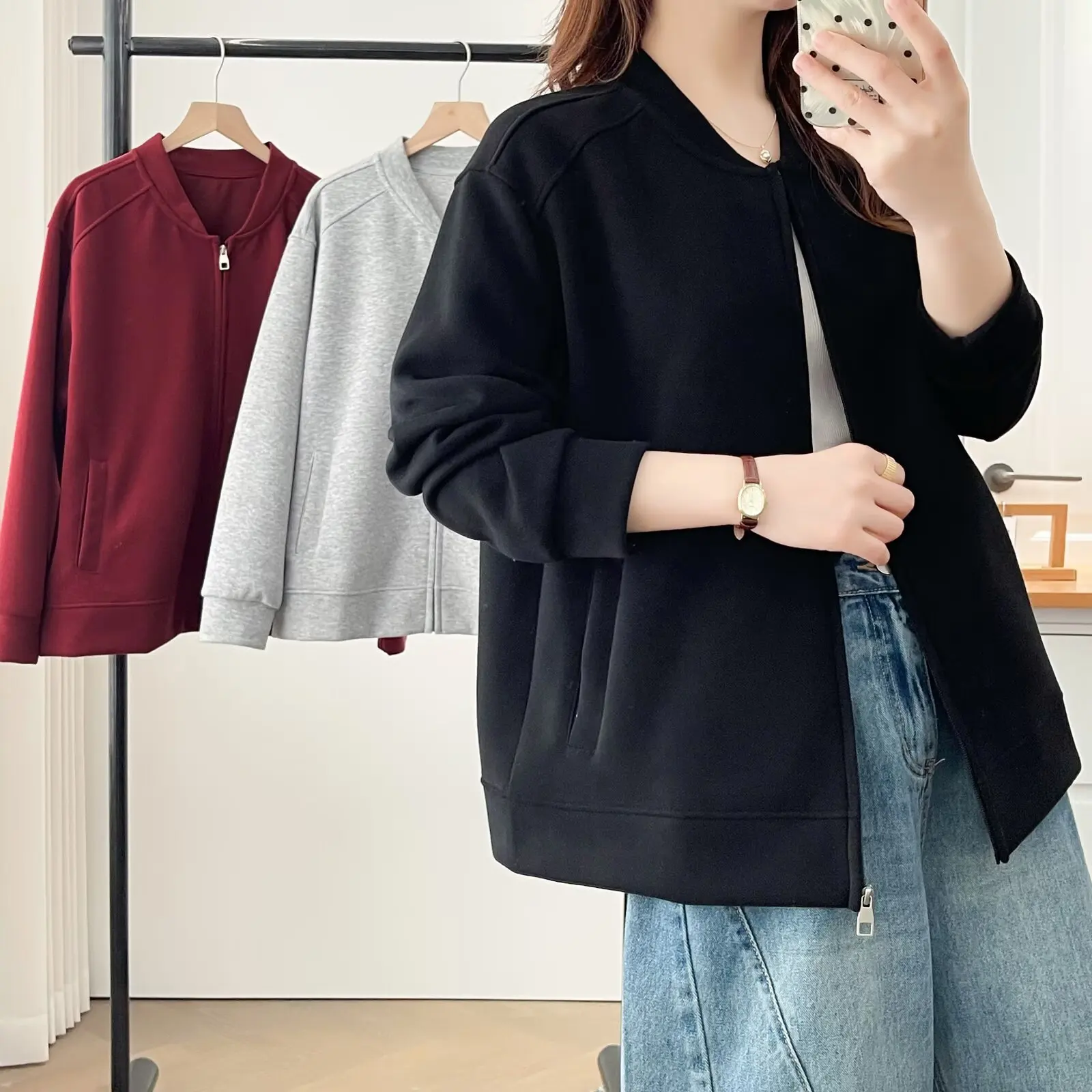 XXXXL Fashion Plus Size Women's Baseball Jacket 2025 Autumn New Simple Solid Color Zipper Coat 8228