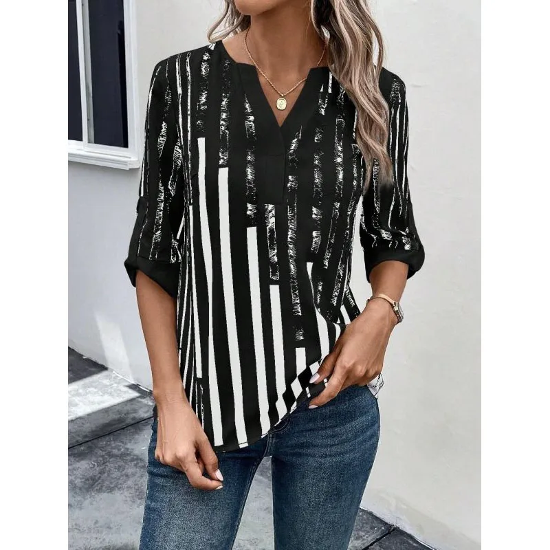 Summer New Women's Pullovers Contrast Color V-Neck Spliced Half Sleeve Elegant Loose Appear Thin Casual Commuter Chiffon Tops 2023 summer jeans women s blue commuter shorts curled thin high waist slim versatile casual a line wide leg shorts