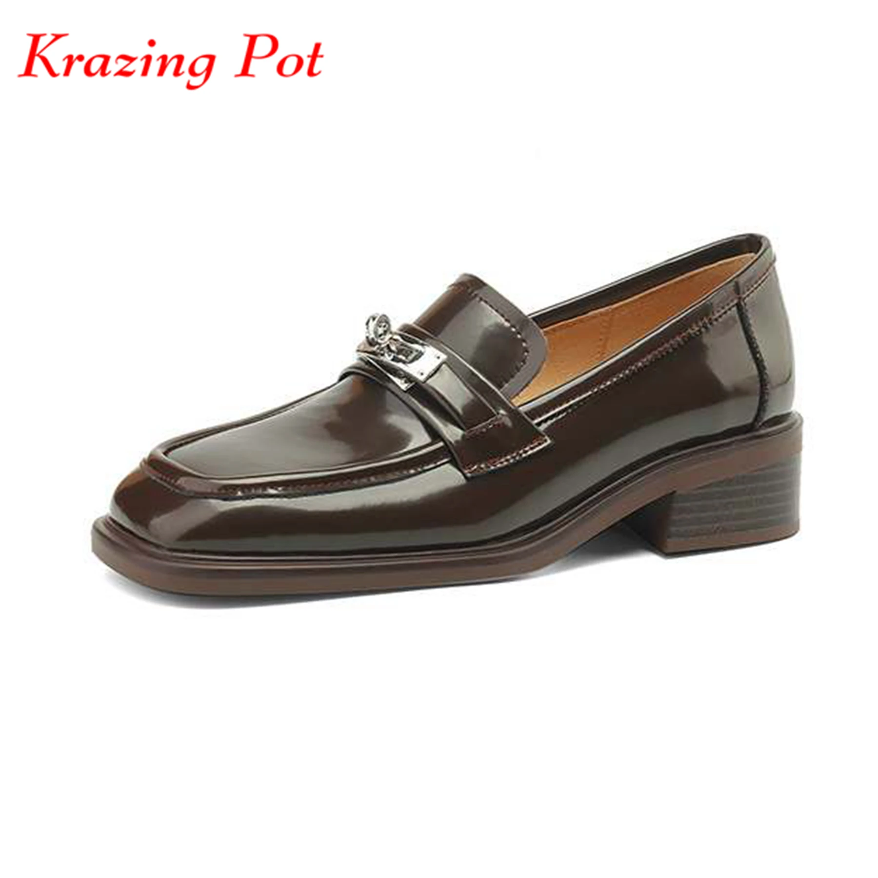 

Krazing Pot 2024 Cow Leather Med Heels Spring Slip On Square Toe Toe Metal Fasteners Brogue Shoes Women Office Lady Luxury Pumps