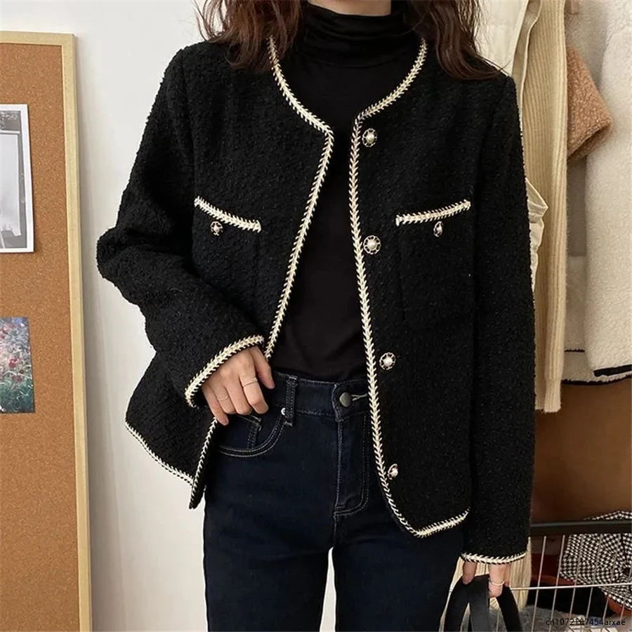 

White Luxury Vintage Crop Tweed Jacket Women Sping Elegant Korean Fashion Coats Single Breasted Outwear Solid Long Sleeve Abrigo