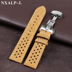 Breathable Cowhide Watch Strap with Matte & Oil Wax Finish and Butterfly Buckle - 20mm (Matte - Beige)