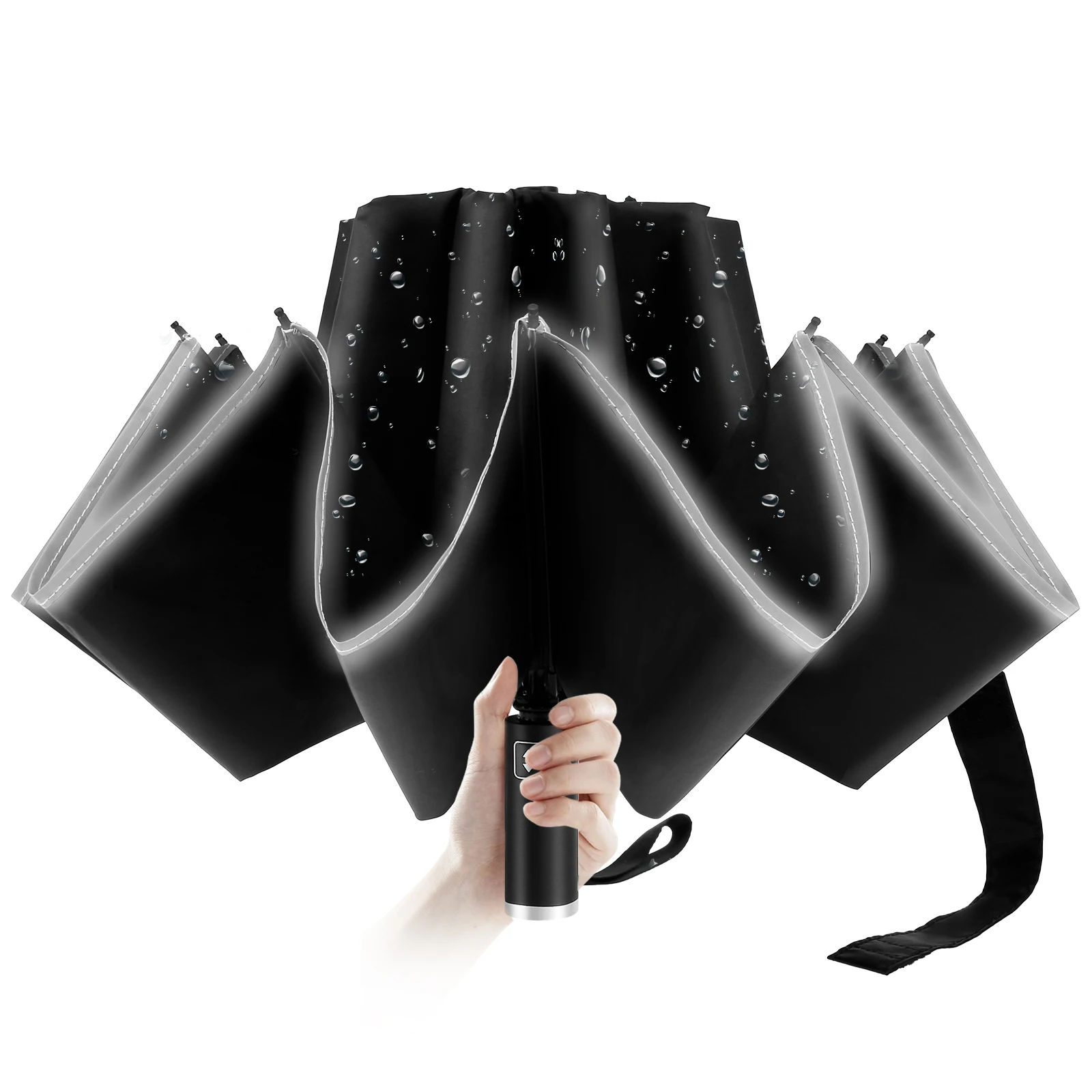 

Reverse 10 Ribs Umbrella Automatic Umbrella with Reflective Strip Windproof Inverted Folding Umbrella Portable Umbrella Upside