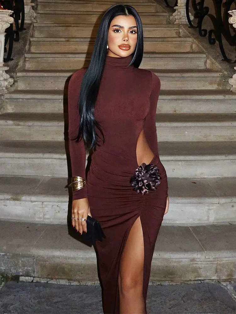 Women Dress Turtleneck Long Sleeve Maxi Hollow Out Thigh High Split Bodycon women dress